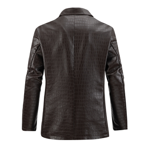 <b>Men's</b> Black PU Leather <b>Jacket</b> Embossed <b>for</b> Pattern Double Breasted <b>Smart</b> Casual All Seasons Quarter-zip Collar Regular Fit - Product Image 2