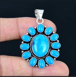 Pendentif Fleur en Turquoise Naturelle Plaqué Argent 925 Fait Main Style Classique Bijoux de Mariage pour Femme - Product Image 2