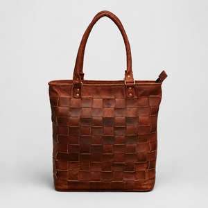 Handmade <b>Brown</b> Tote Bag Vintage Basket Weave Shoulder with Top Handle Zipper and Brass Rivets - Product Image 4