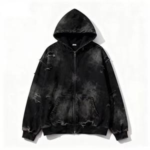 Sudadera con capucha para hombre de alta calidad, extragrande, gruesa, con cremallera, estilo vintage, efecto desgastado por el sol, con lavado ácido. - Product Image 4