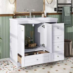 Mueble de Baño Independiente Estilo Shaker de 36 Pulgadas con Lavabo, 4 Cajones con Cierre Suave y 2 Puertas con Cierre Suave - Product Image 1