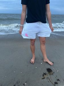 <b>Men's</b> <b>White</b> Board <b>Shorts</b> With Gray Waistband And Pink Logo <b>Shorts</b> Quick Dry Drawstring Swim Trunks Casual <b>Men's</b> Beach <b>Shorts</b> - Product Image 2