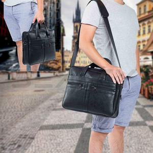 Sac à main en cuir noir pour homme, tendance, avec logo personnalisé, grande capacité, sac pour ordinateur portable, avec bandoulière réglable - Product Image 4