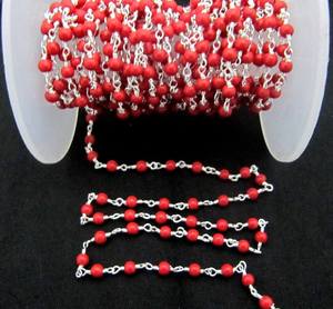 Coral Quartz Plain Smooth Round 3mm ball shape beaded <b>Wire</b> Wrapped Chain - Product Image 4