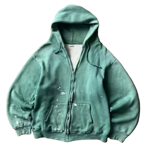 Sweat-shirt à capuche zippé oversize pour homme, effet usé, couleur unie, en coton French Terry, décontracté, pour l'automne, rouge, vert, bleu marine - Product Image 4