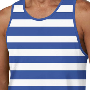 Camiseta sin mangas con cuello redondo a rayas azules y blancas para hombre, con logotipo personalizado, informal, transpirable, de algodón tejido, con cuello acanalado. - Product Image 3