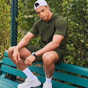 Unisex <b>Men's</b> Breathable Knitted 100% Cotton Fleece Two-Piece Acid Wash Solid Hoodie Shorts Set Casual Sportswear Streetwear - Product Image 2