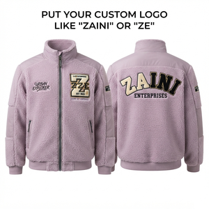 Premium 300 GSM Polyester Polar Fleece <b>Jacket</b> Lilac Sherpa Fleece Woven Shoulder Panels Custom Chenille Patch Embroidery Logo - Product Image 1