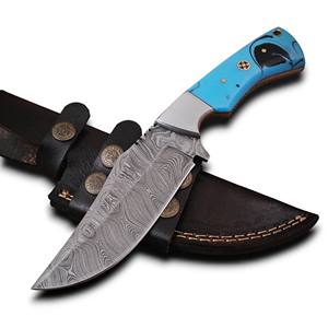 Couteau professionnel à lame fixe en acier Damas à motif torsadé, pleine longueur de lame, pour la chasse et le camping, vente en gros, support OEM/ODM, avec étui - Product Image 1