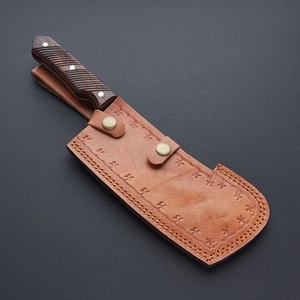 Couteau à viande artisanal en acier Damas, lame pleine longueur, hachoir de boucher avec manche en bois et étui en cuir - Product Image 6