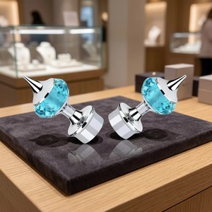 Modern Aqua Crystal <b>Curtain</b> Finials with Silver Metal Base and Cone Top Design - Product Image 2