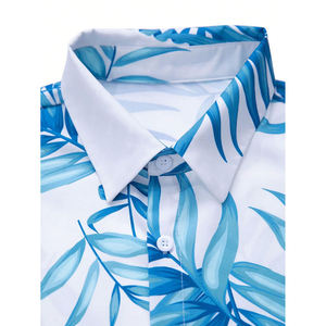 Chemise boutonnée à manches courtes pour homme, motif feuilles de palmier tropicales blanches et bleues, ensemble 2 pièces avec short assorti, tenue décontractée hawaïenne pour la plage - Product Image 3