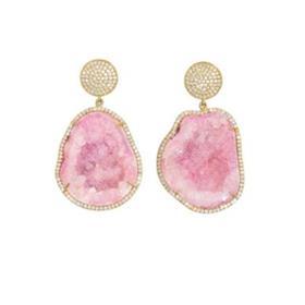 Boucles d'oreilles en argent sterling 925 plaqué or 18 carats avec géode rose sertie de pierres précieuses et zircone cubique intégrée, au design tendance - Product Image 4