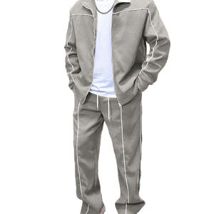Custom Winter Casual <b>Velour</b> Tracksuit Set Grey Full Zip Jacket Jogger Pants Solid 100% Cotton Contrast Piping Streetwear Apparel - Product Image 4