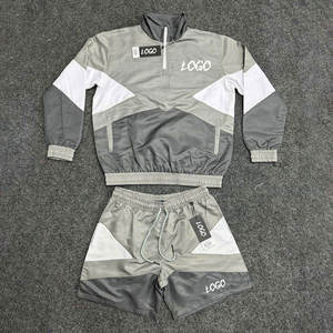 <b>Men's</b> 2 Piece Tracksuit Set Color Block Stand Collar <b>Zip</b> Jacket and Drawstring <b>Shorts</b> Patchwork Sporty Outfit - Product Image 1