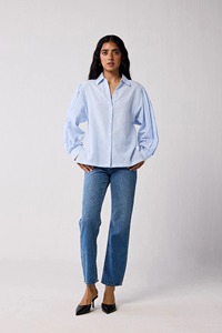 Camisa Oversize a Rayas Azules para Mujer |   Blusa Casual de Lino y Algodón con Botones y Mangas Largas |   Fabricante OEM ODM - Product Image 2