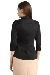 Women's Black Button Down Shirt Three Quarter Sleeve Classic Fit Poplin Summer Woven Office Wear Regular Length Solid Color - Product Image 3