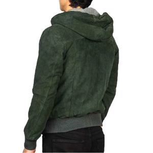 Veste à capuche en cuir de mouton véritable pour hommes et femmes, vêtement d'extérieur vert avec fermeture éclair, poignets en tricot côtelé, teinture unie - Fournisseur OEM 2026 - Product Image 2