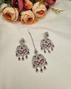 Elegant Rhodium Plated Cubic Zirconia Jewellery <b>Set</b> Multi Layer Long <b>Necklace</b> Matching <b>Earrings</b> Mangtika Partywear <b>Set</b> Wholesale - Product Image 3