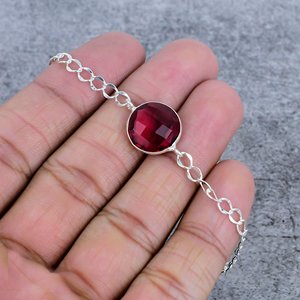 <b>Red</b> Garnet Round Shape Gemstone Bezel Setting 925 Sterling Silver Plated Bangles for Wedding Party Daily Wear Women - Product Image 1