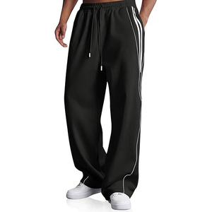 Men's Black Sweatpants With White Side Stripes <b>Elastic</b> Waist Drawstring Casual Jogging Pants Breathable Knitted Fabric - Product Image 1