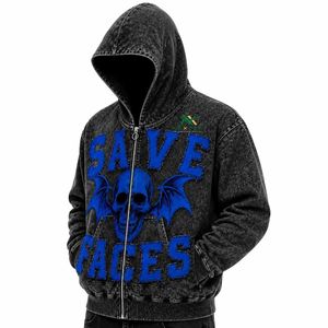 Sweat à capuche zippé personnalisé pour homme, style denim, avec lettres appliquées et effet délavé à l'acide, imprimé crâne vintage, vente en gros usine OEM - Product Image 2