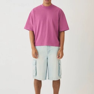เสื้อยืดแขนสั้นสีชมพูทรงโอเวอร์ไซส์สำหรับผู้ชาย ผ้าฝ้าย 100% คอกลม ทรงลำลอง - Product Image 3