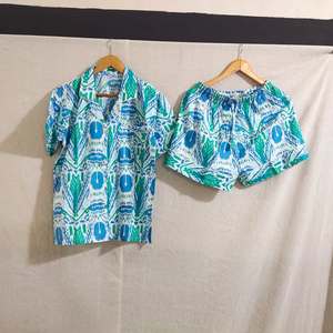 Women's Cotton Pajama <b>Set</b> Short Sleeve Turn-Down Collar Geometric Print Elastic Waist Casual Summer Sleepwear - Product Image 1