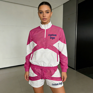 Women's Customizable Personalized Half Zip Stand Collar Pullover and Drawstring Waist Shorts Women's Color Block Short <b>Sets</b> - Product Image 2