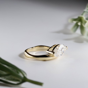 Classic Yellow Gold Marquise Cut Lab Grown Diamond Engagement Ring Unique Architectural Geometric Hollow Setting Wavy Contoured - Product Image 2