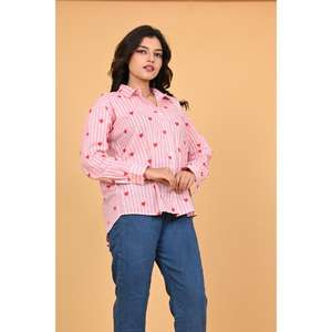 Blusa de Manga Larga con Botones y Estampado de Corazones a Rayas para Mujer, Verano, Algodón, Informal, para Oficina, Linda, San Valentín, Transpirable, Ecológica - Product Image 5