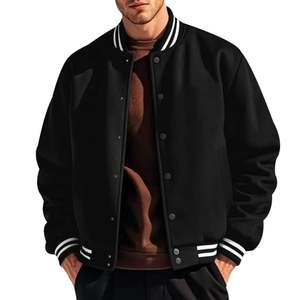 Chaqueta Varsity Negra para Hombre, Corte Regular, Cuello Camisero, Cierre de Botones, Color Sólido, Estilo Casual para Otoño - Product Image 1