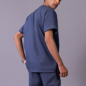 Haut de blouse médicale bleu pour homme à col en V et manches courtes avec poches, en coton et polyester tissé, ensemble uniforme d'hôpital - Product Image 4