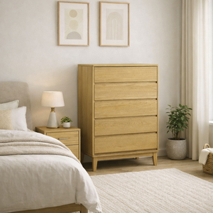 Cómoda de Madera Minimalista Moderna de Mediados de Siglo con 5 Cajones, Tallboy de Madera de Caucho, Fabricante OEM/ODM Vietnam - Product Image 1