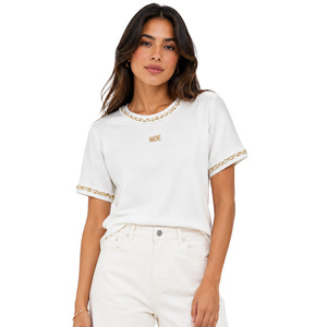 Classic Short Sleeve Cut Structured Braided Trim Top Custom Logo Regular Fit Cotton Shirt Crew Neck Solid Summer women's shirt - Product Image 1