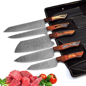 Ensemble de couteaux de cuisine professionnels en acier Damas fait main sur mesure, 5 pièces, avec manche en bois et étui en cuir, couteaux de camping - Product Image 5