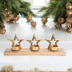 <b>Christmas</b> Decorations Guangdong <b>Christmas</b> Decorations Metal Gold Plated <b>Tea</b> <b>Light</b> Holder With Wooden Base - Product Image 1