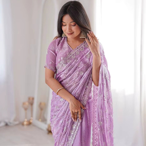 Sari en soie de créateur, design moderne et élégant, broderie de qualité supérieure, disponible en stock à prix avantageux. - Product Image 1