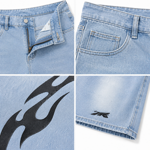 Shorts en jean pour homme avec impression graphique personnalisée, style streetwear Y2K, bleu clair, baggy, jorts, hip hop, tribal, coupe ample, longueur genou - Product Image 4