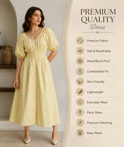เดรสยาวลำลองแฟชั่นใหม่สำหรับผู้หญิง สีเหลืองอ่อน ผ้าฝ้าย 100% คอวี แขนพอง แต่งสม็อค ทรงปล่อยชายระบาย เหมาะสำหรับใส่ไปชายหาด สไตล์เรียบง่าย สวมใส่สบาย - Product Image 4