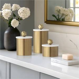 Juego de 3 tarros de aluminio acanalado hechos a mano de calidad premium con tapa de mármol - Product Image 1