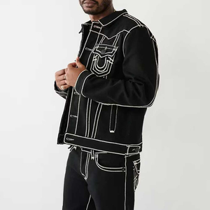 Men's <b>Black</b> Denim <b>Jacket</b> With White Embroidery Turn-down Collar Casual Style Regular Fit Autumn Wear - Product Image 3