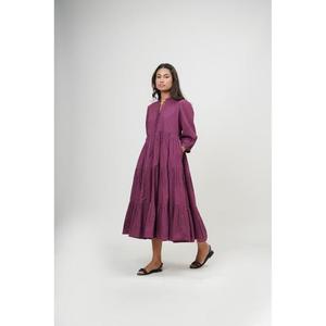 Robe longue trapèze violette faite main de haute qualité, col en V, manches courtes, en coton, style simple, taille naturelle, respirante, pour femme, idéale pour le printemps - Product Image 2