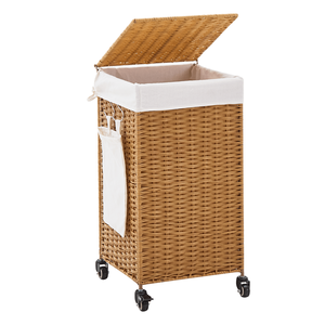 Panier à linge en rotin tissé de 78 L avec couvercle et roulettes - Product Image 1