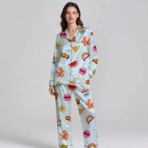 Elegant 100% Silk Satin Luxury 2-Piece Sleepwear Set Breathable Comfortable Pajamas Heat Transfer Print Spring <b>Summer</b> - Product Image 1