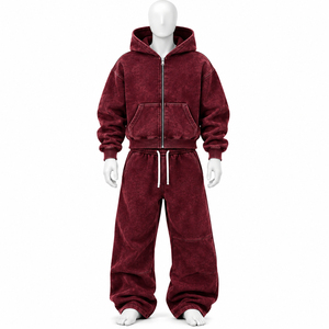 Ensemble de survêtement personnalisé marron délavé, coupe ample, en coton épais, avec sweat à capuche zippé et pantalon large unisexe pour un confort optimal - Product Image 5