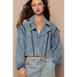 Veste en jean courte pour femme Veloro, bleu poussière, avec fermeture éclair fonctionnelle, manteau chic - Product Image 4