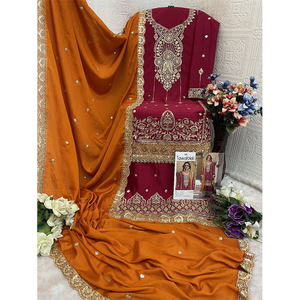 Nouvelle collection de vêtements ethniques de créateurs, magnifiques ensembles de costumes pakistanais en soie Chinnon avec broderies et perles. - Product Image 1