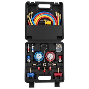 Juego de manómetros para sistemas de aire acondicionado R134a R404A R1234yf R22, refrigerante, 3 vías, mangueras de 5 pies, adaptadores, acopladores rápidos - Product Image 1