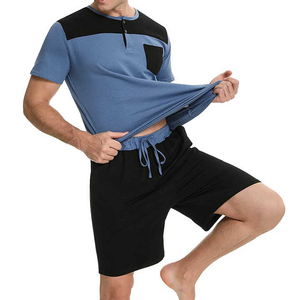 Ensemble T-shirt et short d'été pour homme de haute qualité, bleu et noir, tricoté, style color block, décontracté, loungewear, vente en gros OEM - Product Image 6